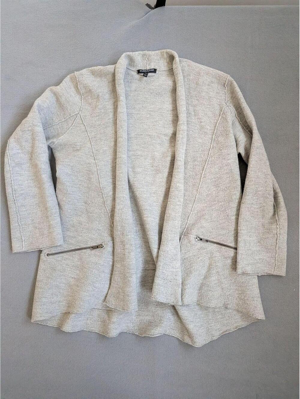Eileen Fisher Sweater Cardigan Womens Petite Medium Gray Merino Wool Zip Pockets